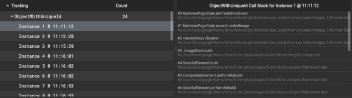 Flutter DevTools memory tab allocation stack trace