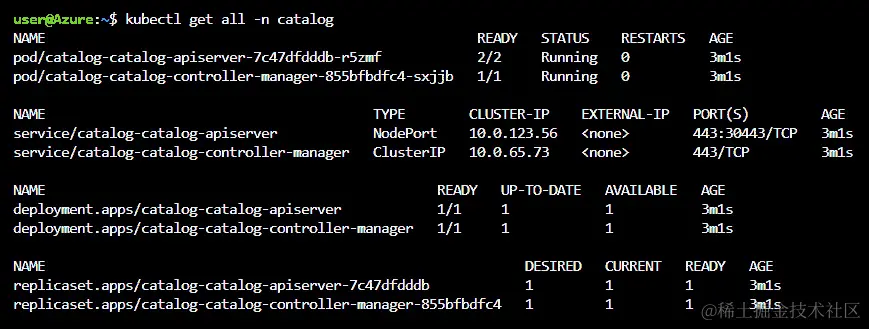 输出屏幕表示使用 kubectl get all -n catalog 命令成功部署服务目录。您将看到创建了四种类型的对象，即一个目录 Pod，服务目录，部署目录和复制集目录。