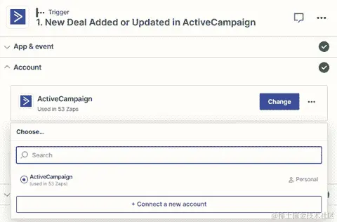 图 3.14 – 在触发步骤中连接 ActiveCampaign 帐户到 Zapier