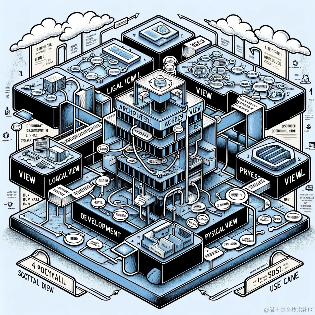 DALL·E 2024-01-21 22.09.04 - A detailed illustration of the 4+1 Architectural View Model in software engineering. The image should clearly depict five distinct sections, each repr.png
