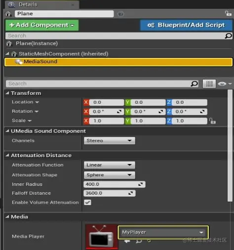 在Details面板中，选择新的Media Sound组件