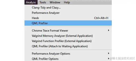 图 12.1 - Qt Creator 集成开发环境（IDE）中的 QML Profiler 选项