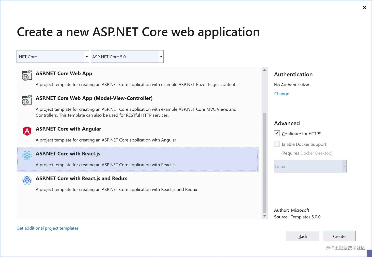 Available templates for SPA and ASP.NET Core