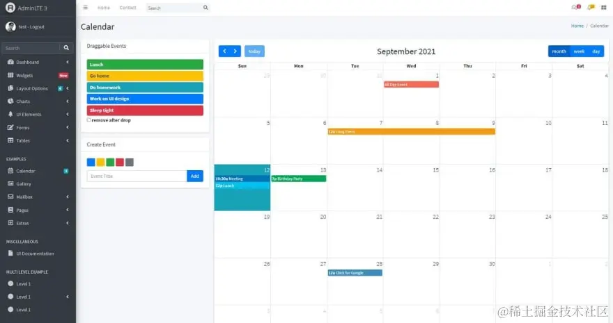 AdminLTE - Open-source Django Dashboard, the calendar page.