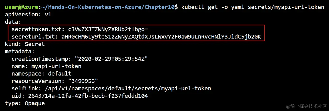 通过 kubectl get secret 命令中的-o yaml 开关显示秘密的编码值的输出。