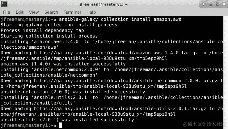 图 1.2 - 使用 ansible-galaxy 安装 amazon.aws 集合的安装
