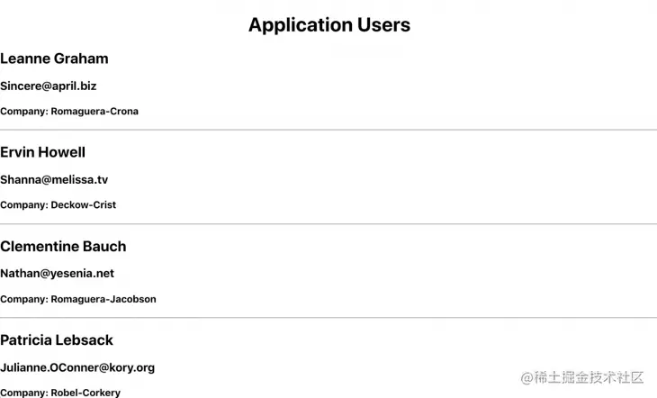 Screenshot of application users with name, email, and company name