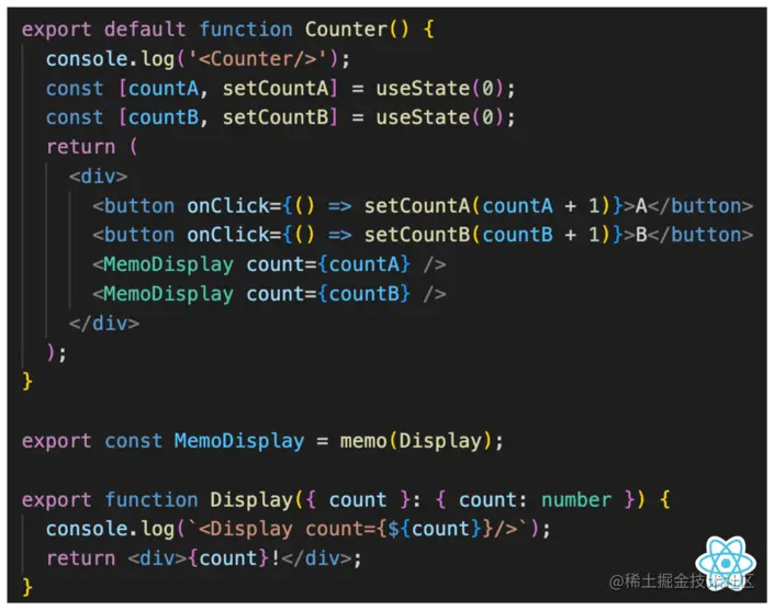 Screenshot of a code example of a counter component with a child Display component with the memo function wrapping it in React.