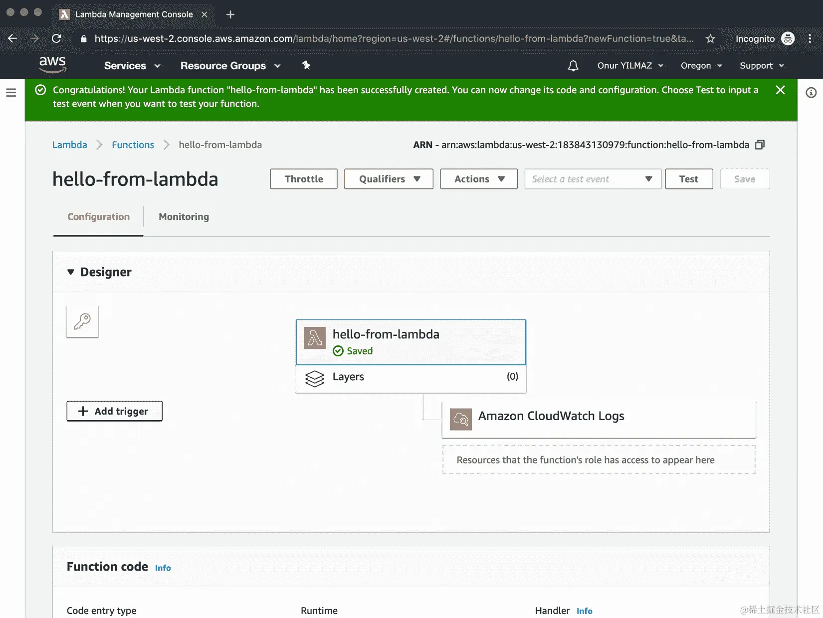 图 2.7：AWS Lambda – hello-from-lambda 设计视图