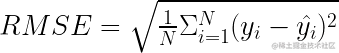 RMSE = \sqrt{\frac{1}{N} \Sigma^N_{i=1} (y_i-\hat{y_i})^2} 