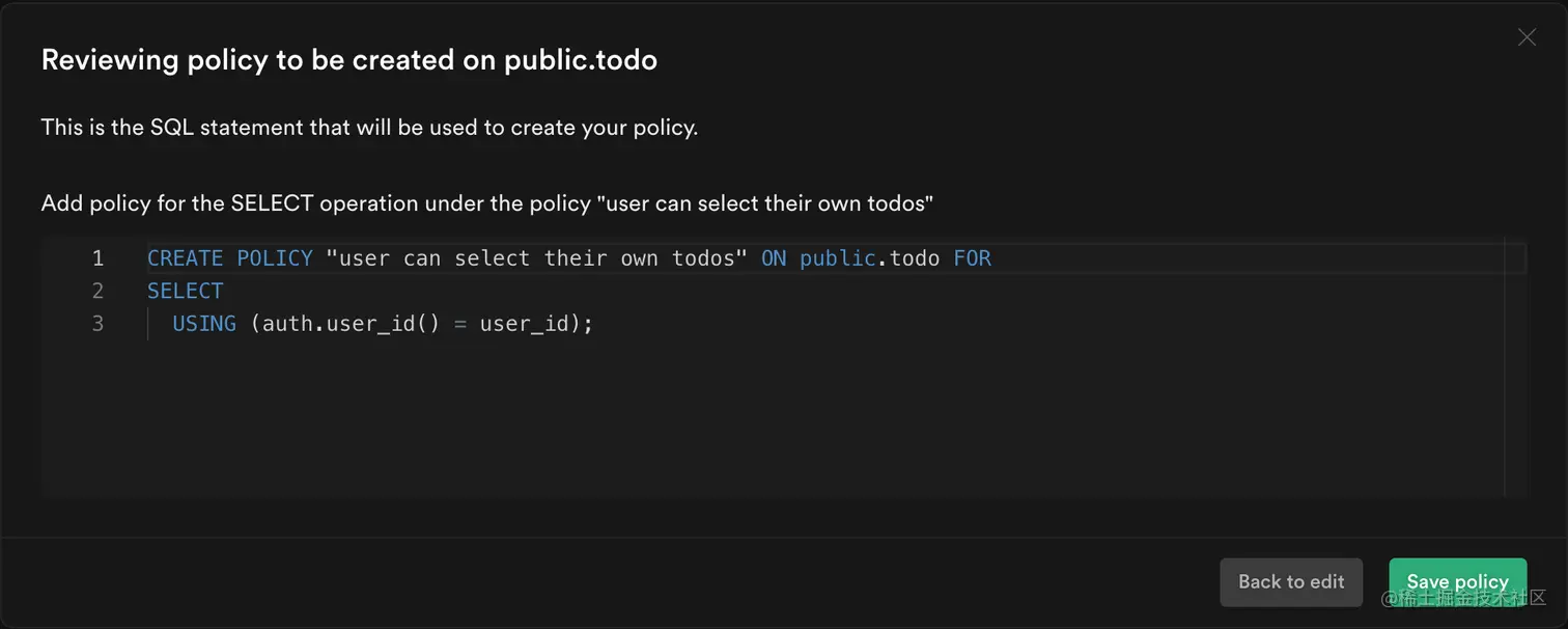Generated SQL for SELECT policy