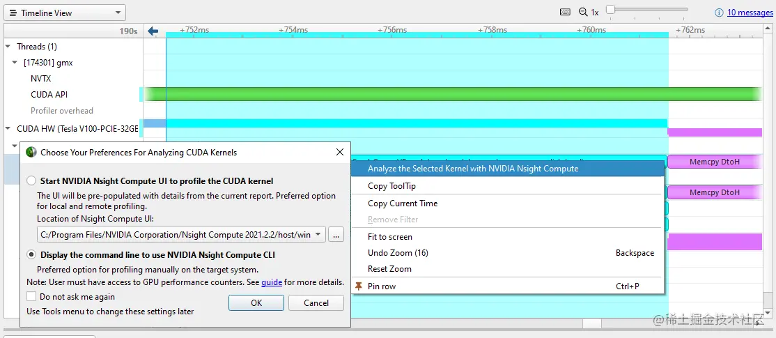 Screenshot shows menu for right-clicking on a CUDA kernel to analyze it with Nsight Compute.