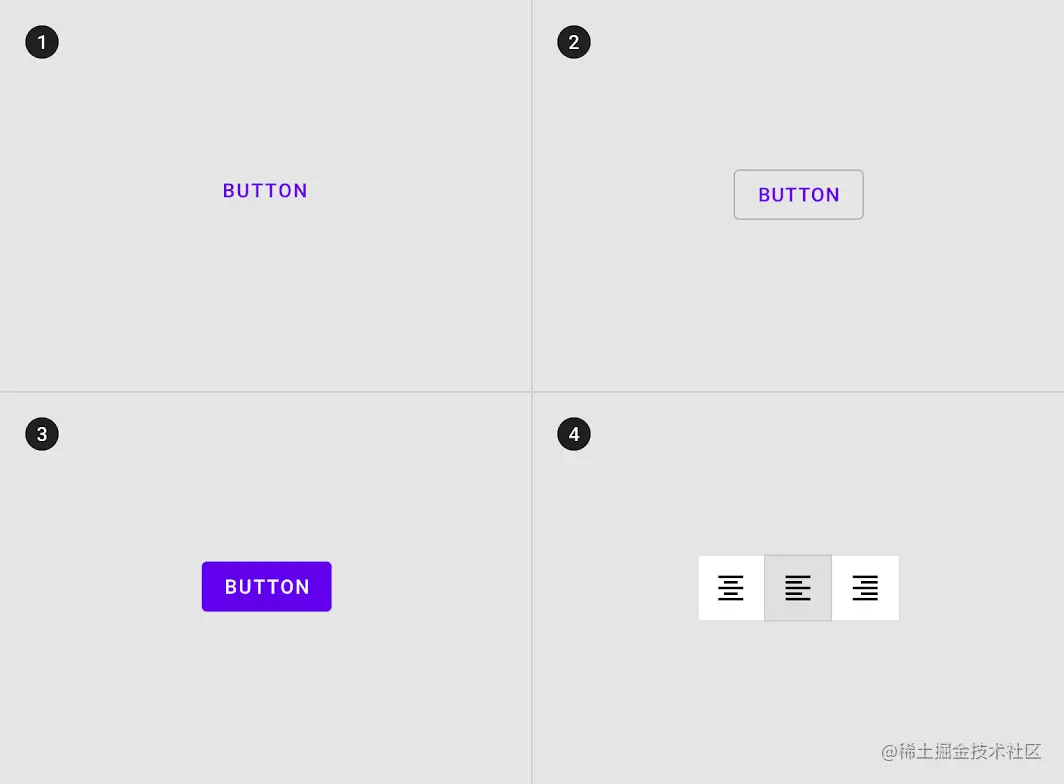 Text button, Outlined button, contained button and toggle button (in-order).