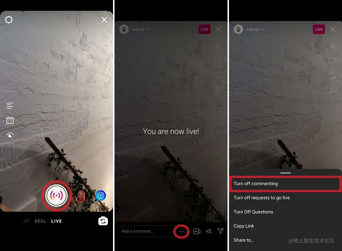 关闭对 Instagram 直播的评论
