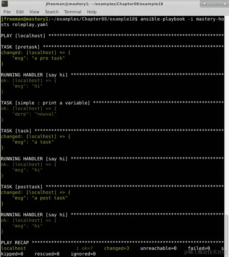 图 8.21 - 运行 playbook 以演示混合角色和任务以及处理程序执行