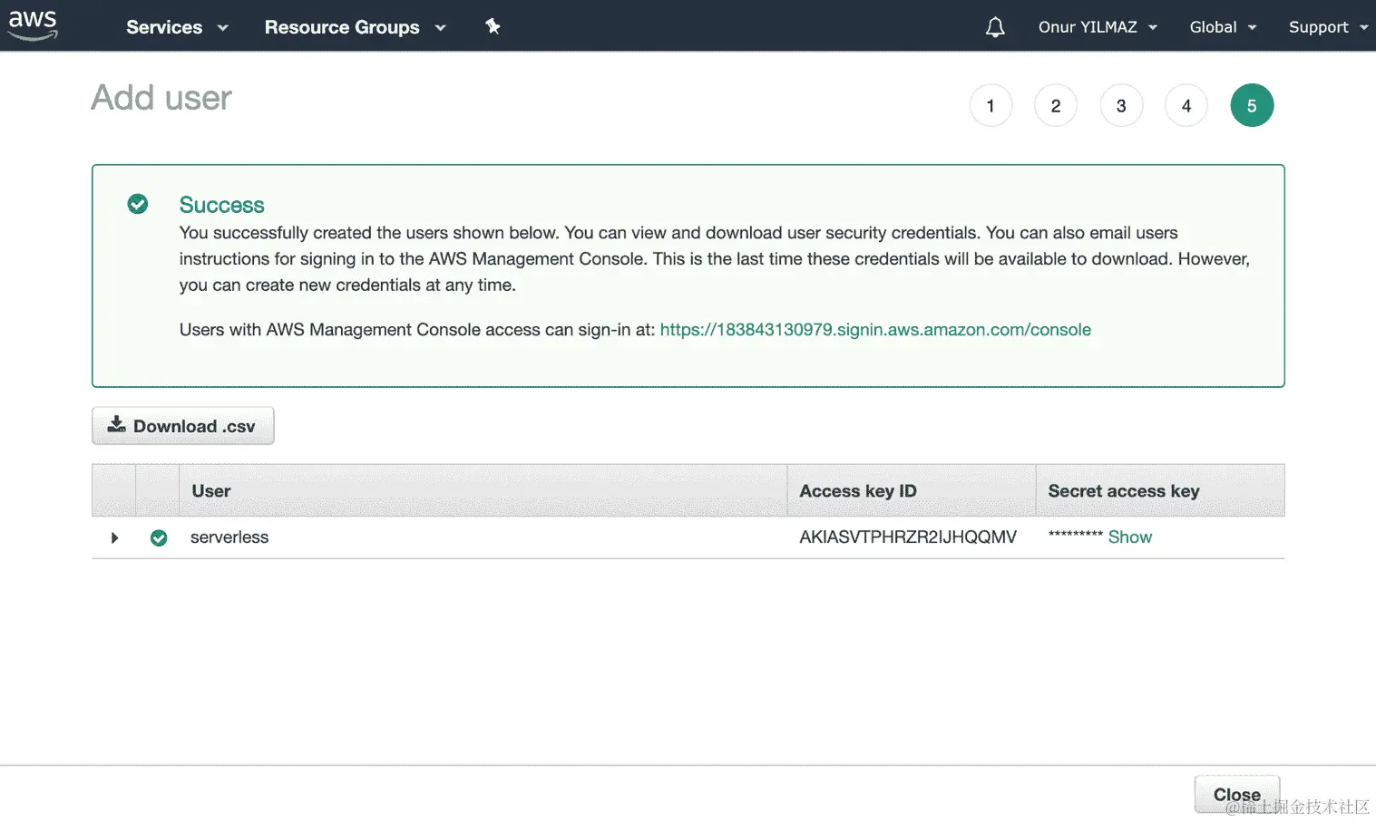 图 3.30：AWS 添加用户-成功