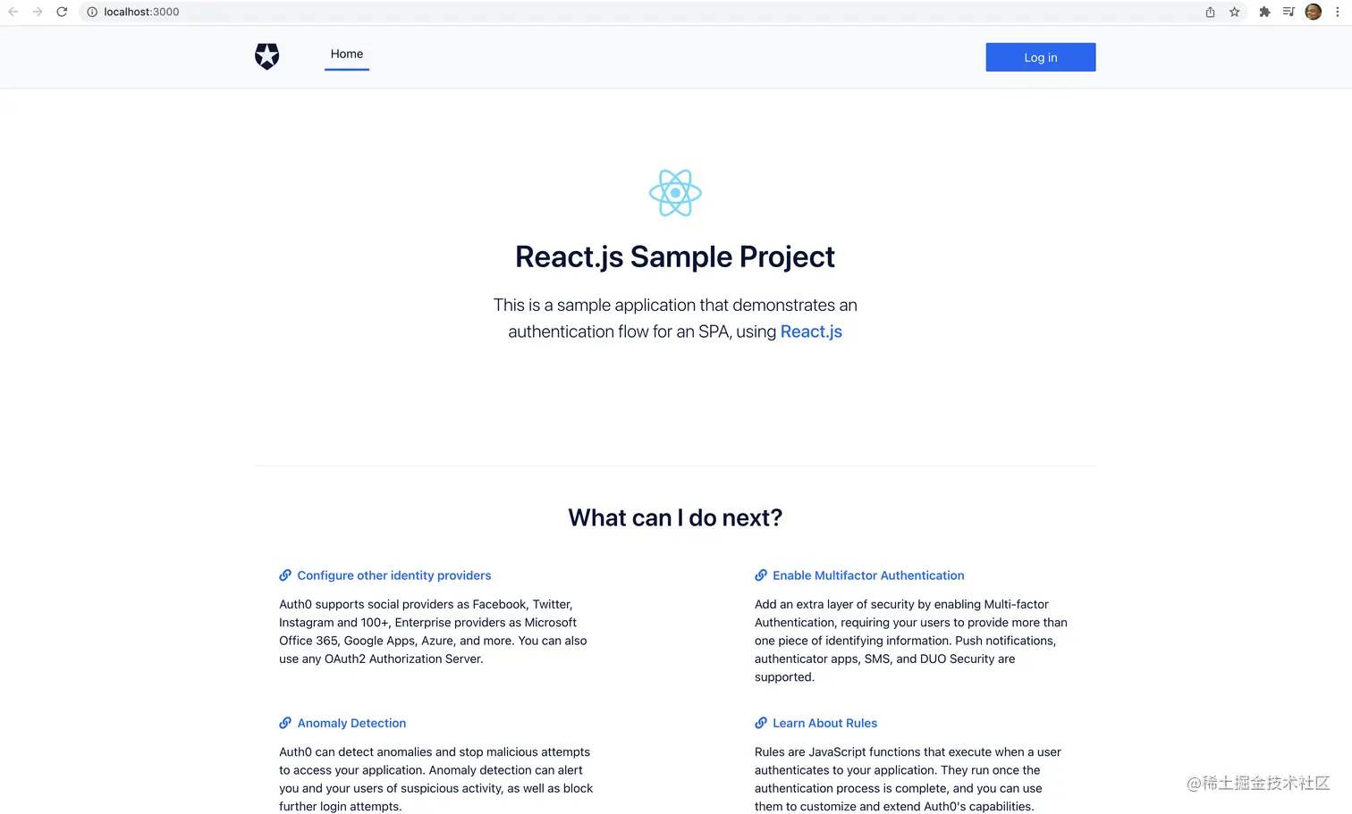 Auth0 Sample Project Login Screen