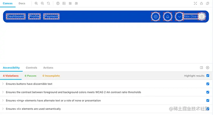 The axe accessibility readout of our top navigation component