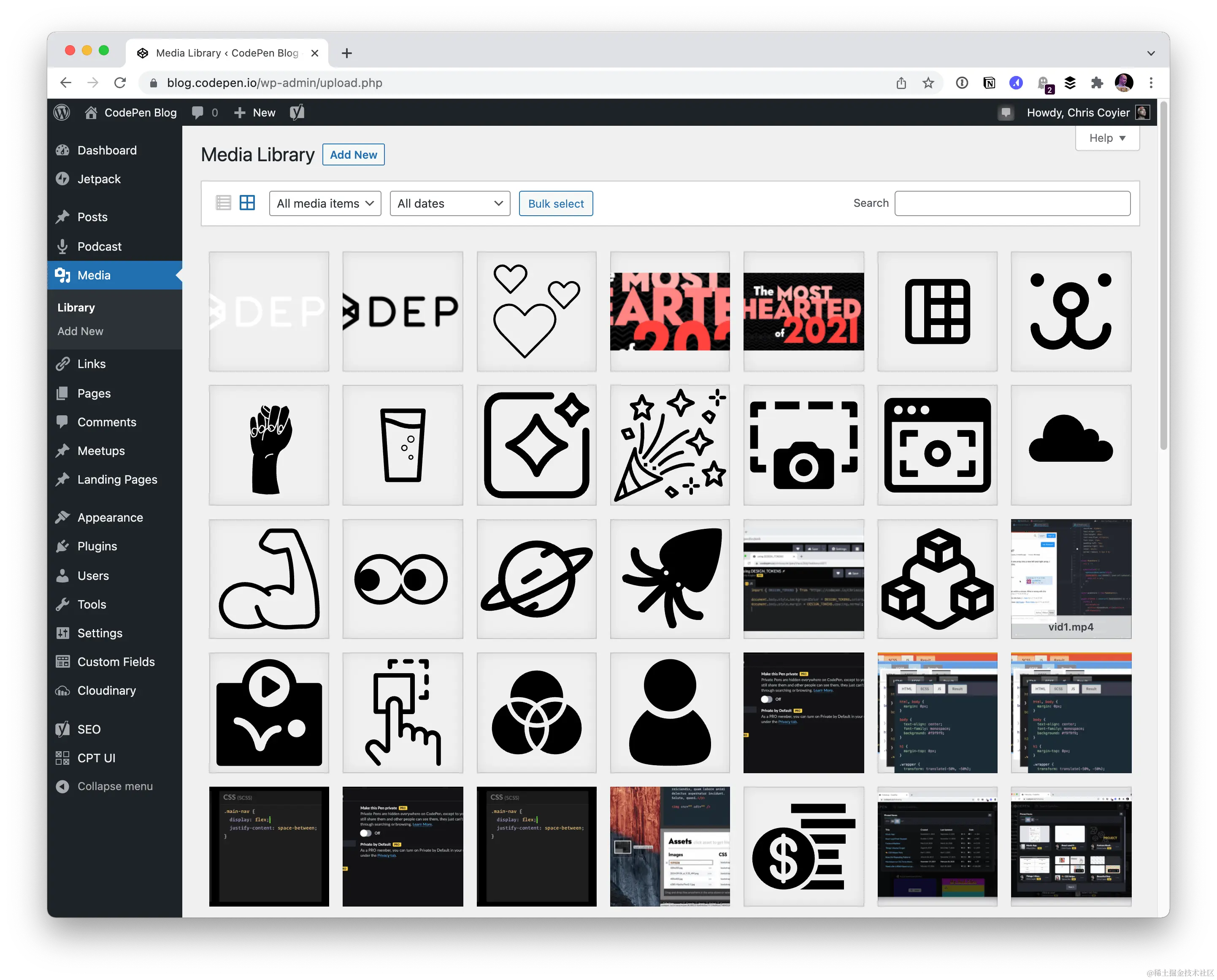 Example of Using SVG in WordPress. the media library is open and shows tile previews of different SVG files.