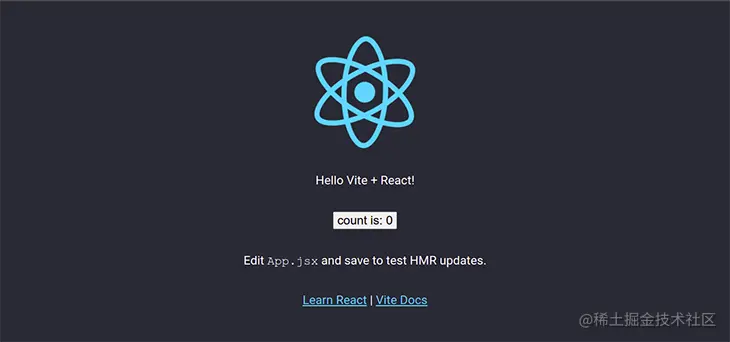 A successfully bootstrapped React/Vite application