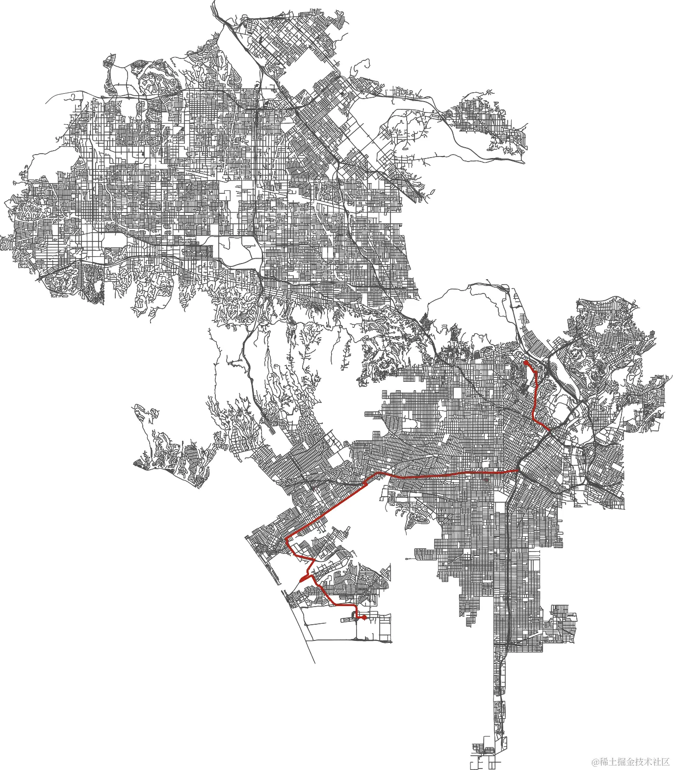 计算洛杉矶点之间的最短距离，通过计算加权旅行时间