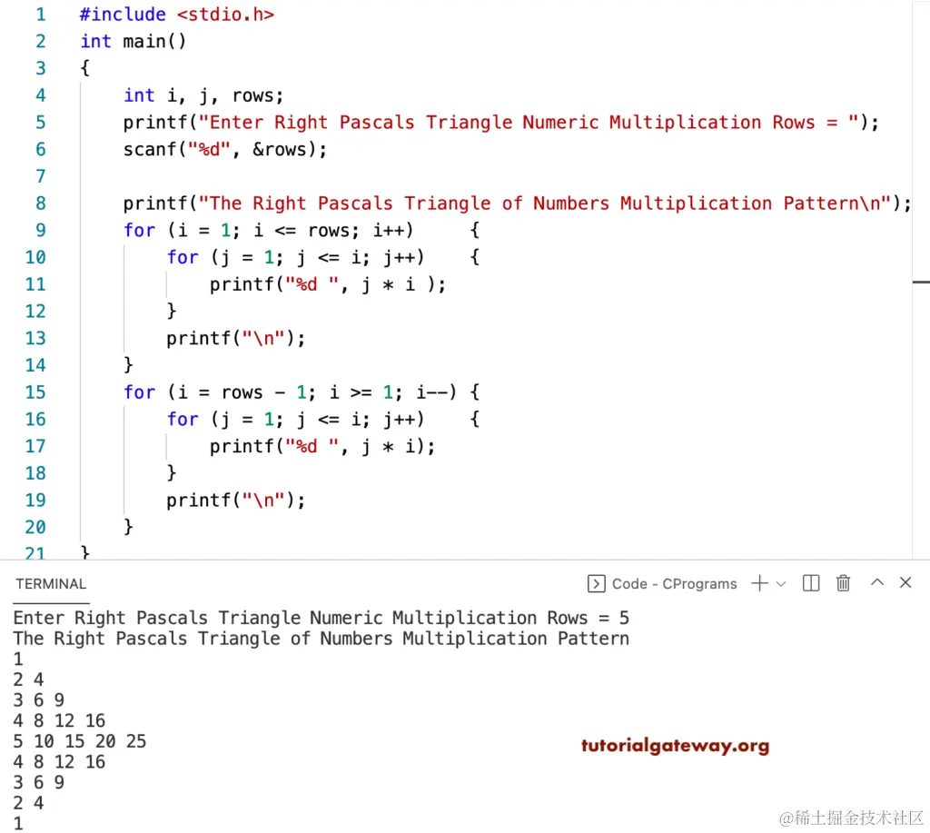 C Program to Print Right Pascals Triangle of Multiplication Numbers Pattern