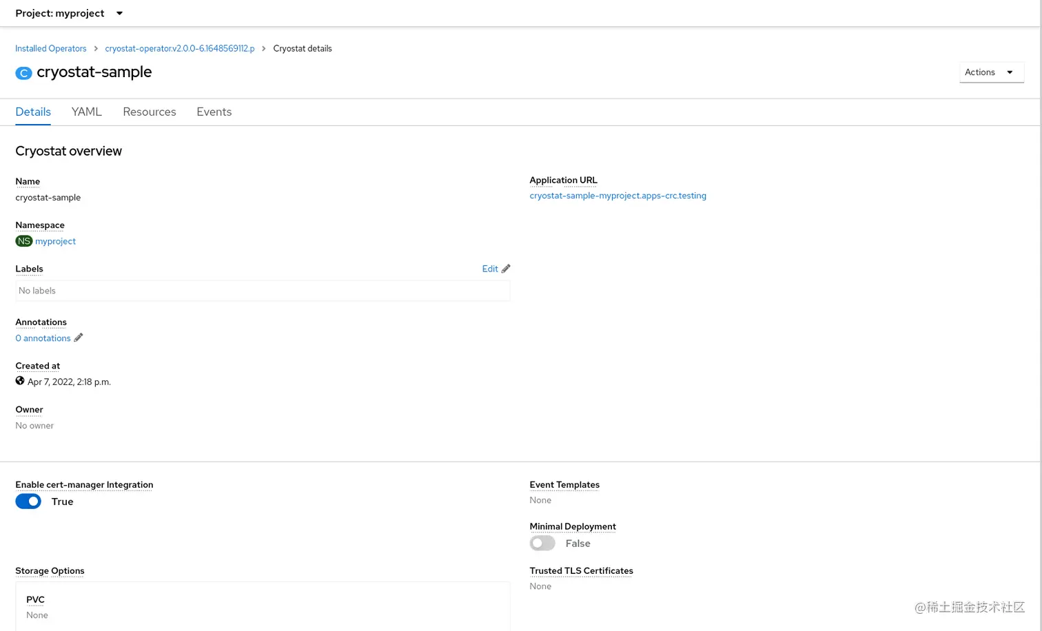 A created Cryostat CR in the OpenShift Console