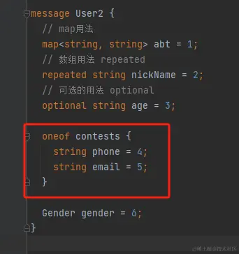 注意看红框，意思是如果想找这个用户，要么就是打电话，要么发邮件。总之就是 oneof 里只有一个字段能生效