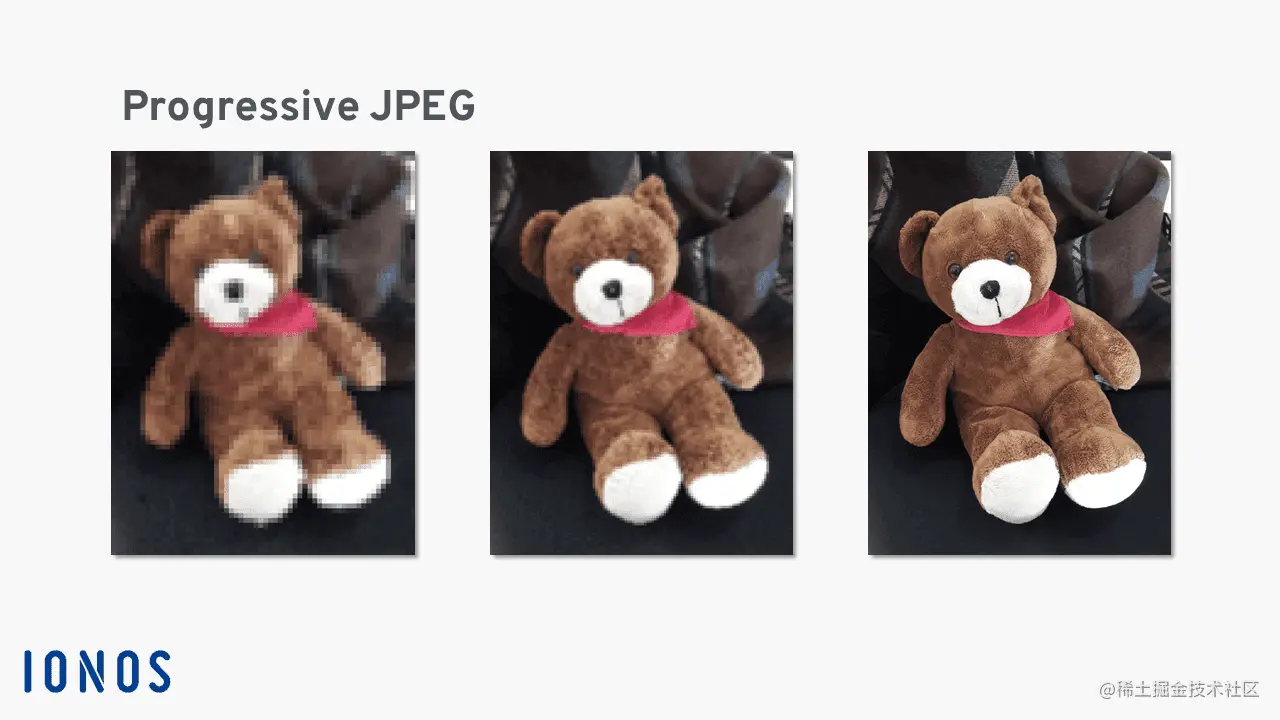 使用渐进式 JPEG，整个图像会立即显示，并且质量会逐渐增加