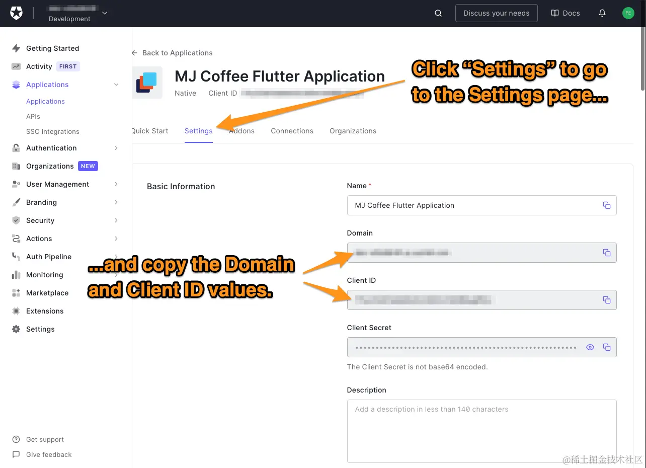 The “Settings” tab for the “MJ Coffee” application in the Auth0 dashboard. The user is directed to copy the values in the “Domain” and “Client ID” fields.