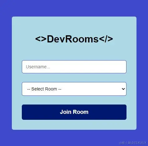 How our app home page will look: a form with username input, select room dropdown and Join Room button