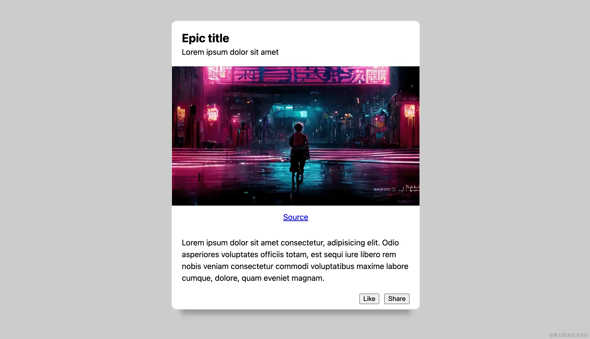 灰色背景上有一张浅色卡片。该卡片具有标题和文本、一些操作按钮和赛博朋克风格图片。