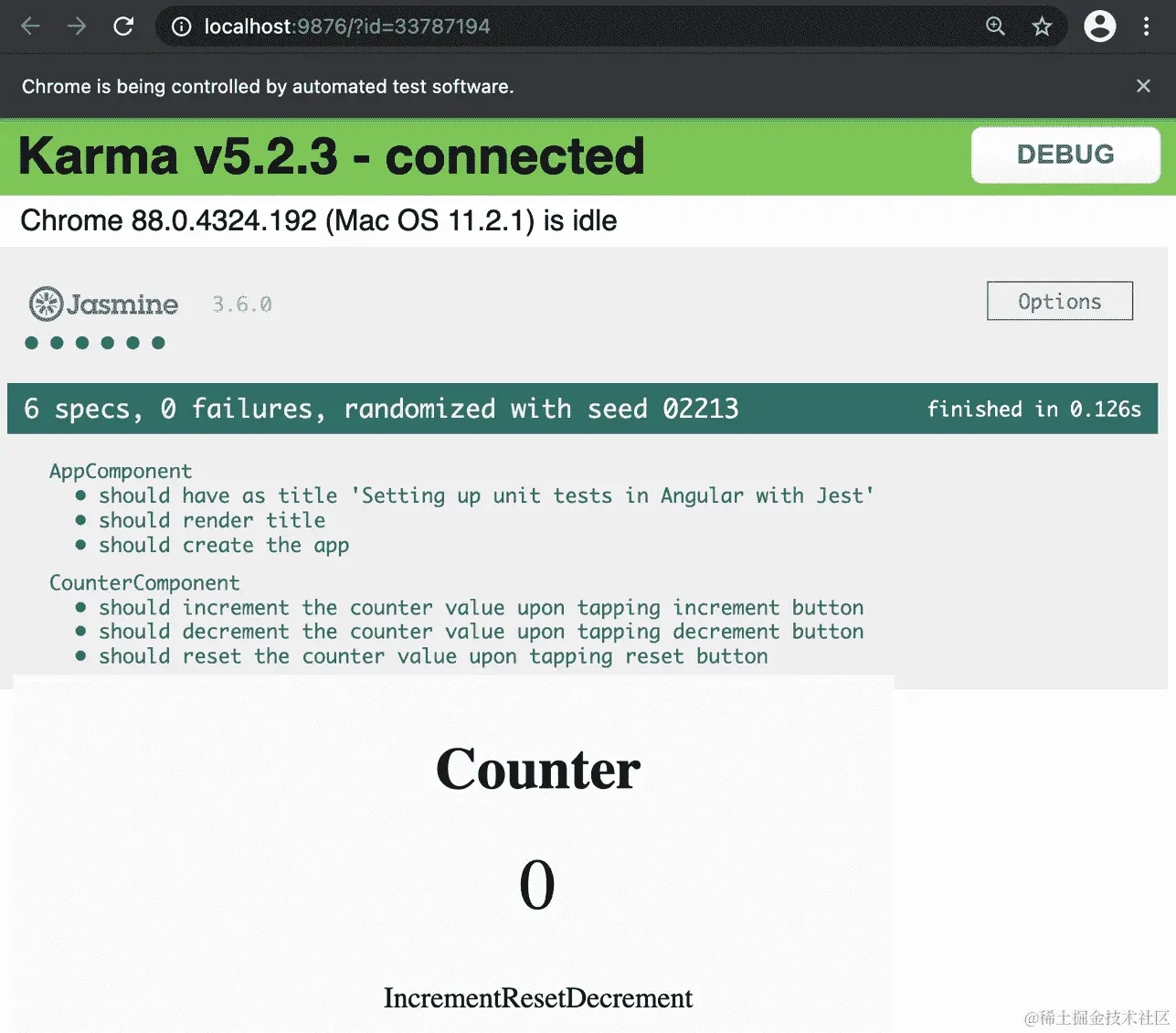 图 10.2 - 使用 Karma 和 Jasmine 的测试结果