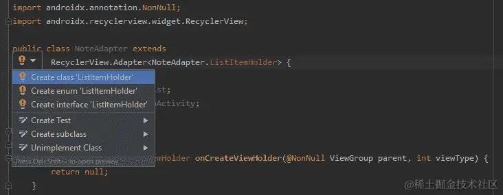 图 16.5 - 选择创建类'ListItemHolder'