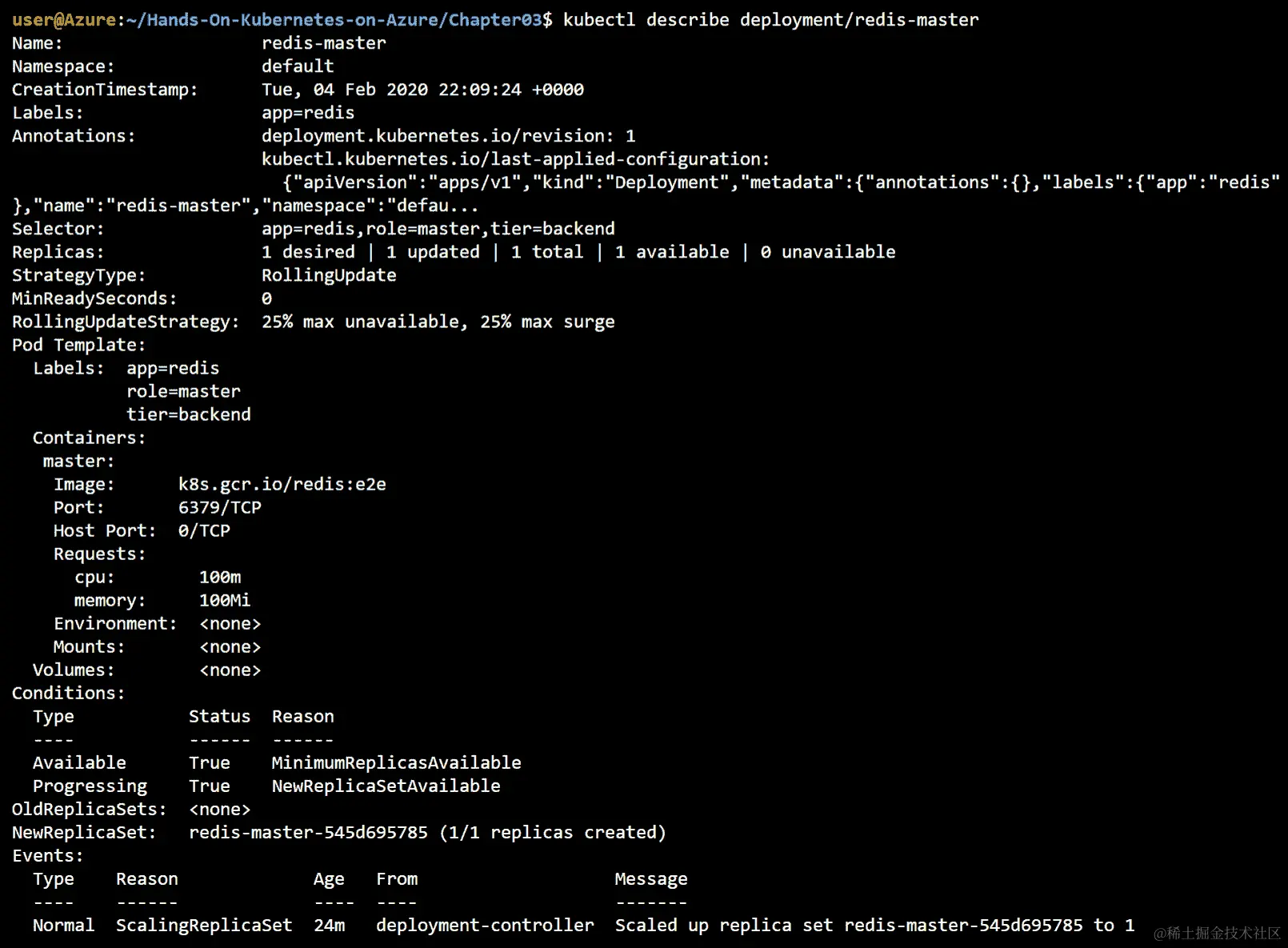 通过使用 kubectl describe deployment/redis-master 命令，您将看到部署的更多细节。