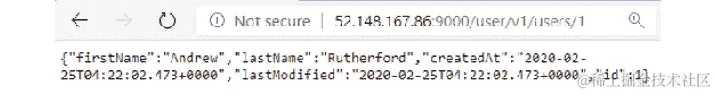 在用户服务中成功创建用户后，访问<external-ip>:9000/user/v1/users/1 的输出屏幕将显示用户的名字和姓氏、创建日期和时间以及上次修改日期和时间。