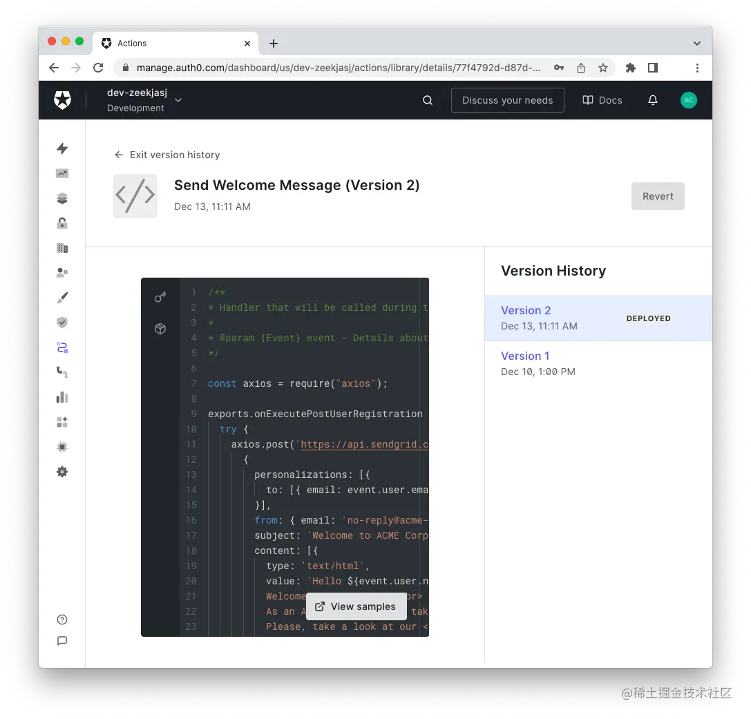 Auth0 Action version history