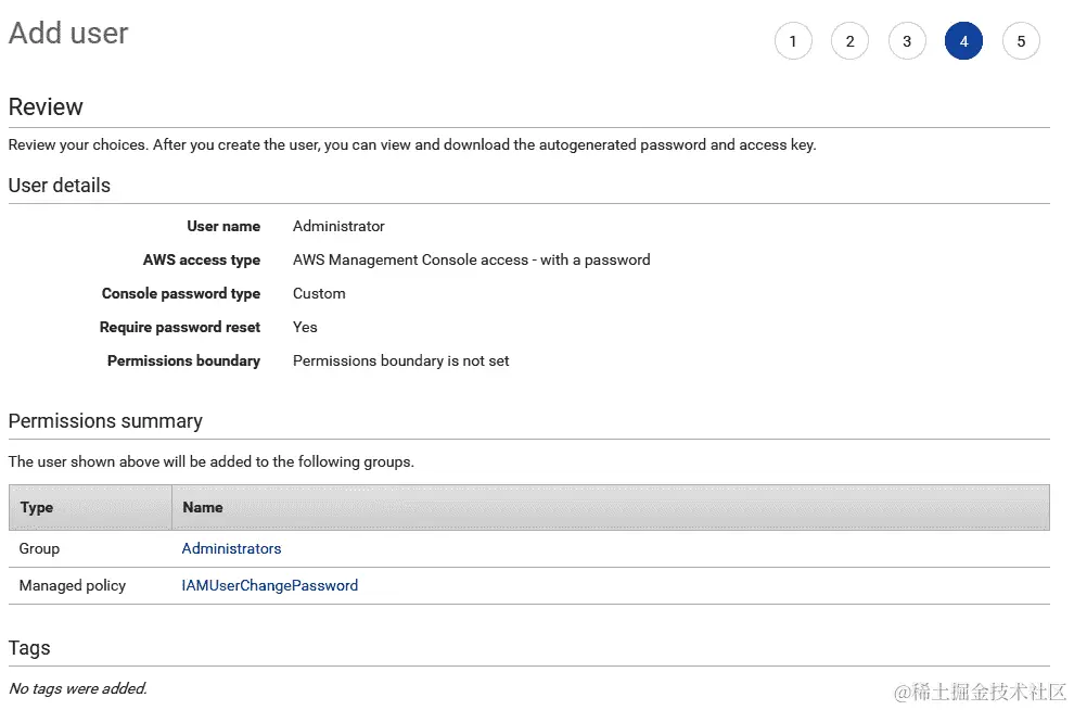 图 13.16 - 通过组、策略和标记选项审查用户配置
