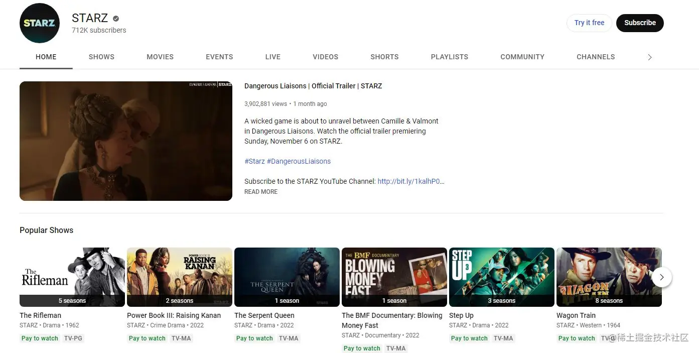 starz youtube 黄金时段频道