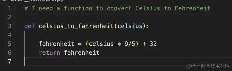Copilot 根据评论创建温度转换代码的屏幕截图。