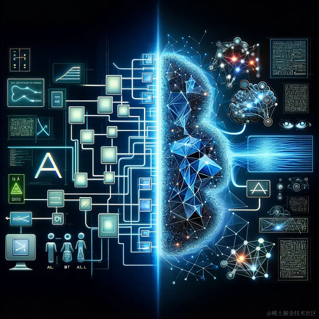 DALL·E 2023-12-15 14.38.53 - A futuristic AI-themed illustration showing the evolution of machine learning. On one side, there's a depiction of traditional machine learning algori.png