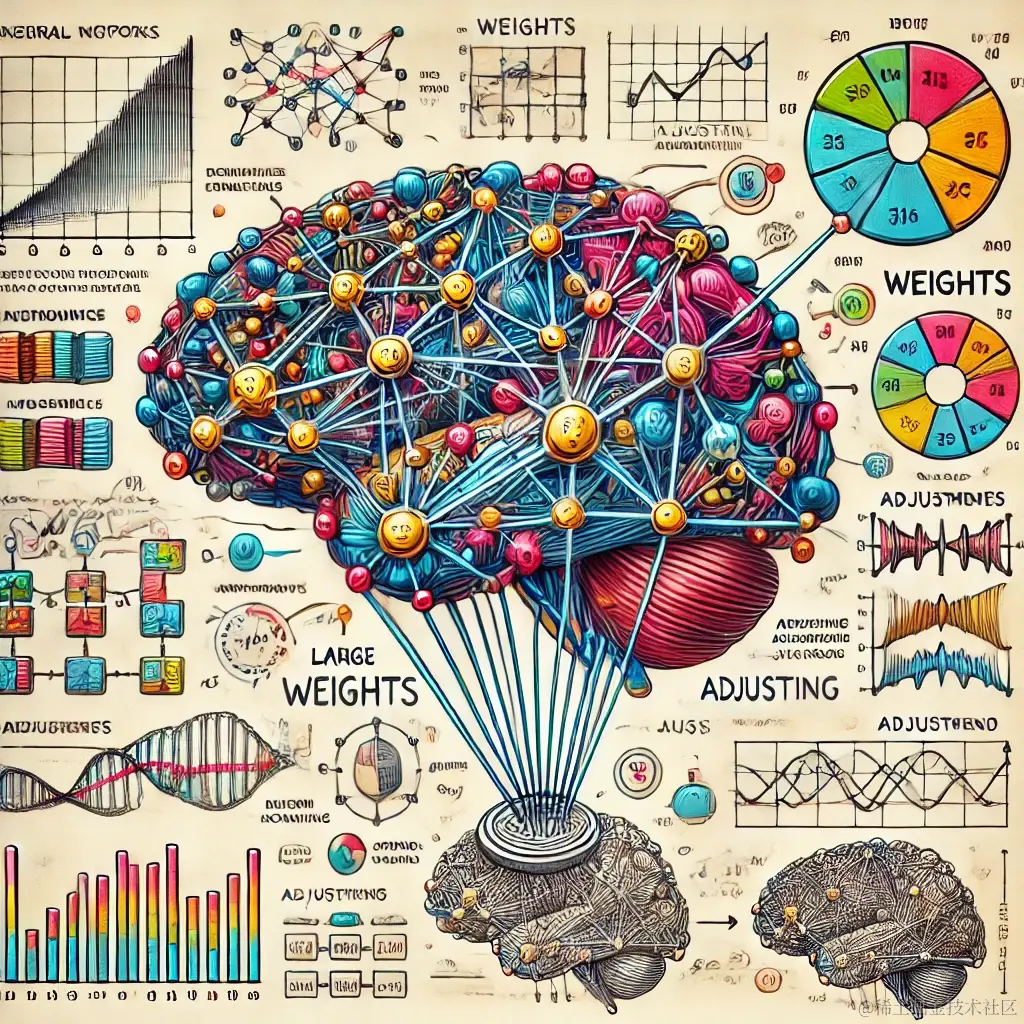 DALL·E 2024-07-06 20.48.49 - A detailed illustration showing the concept of weights in large models. The image should include a neural network with multiple layers of neurons conn.webp