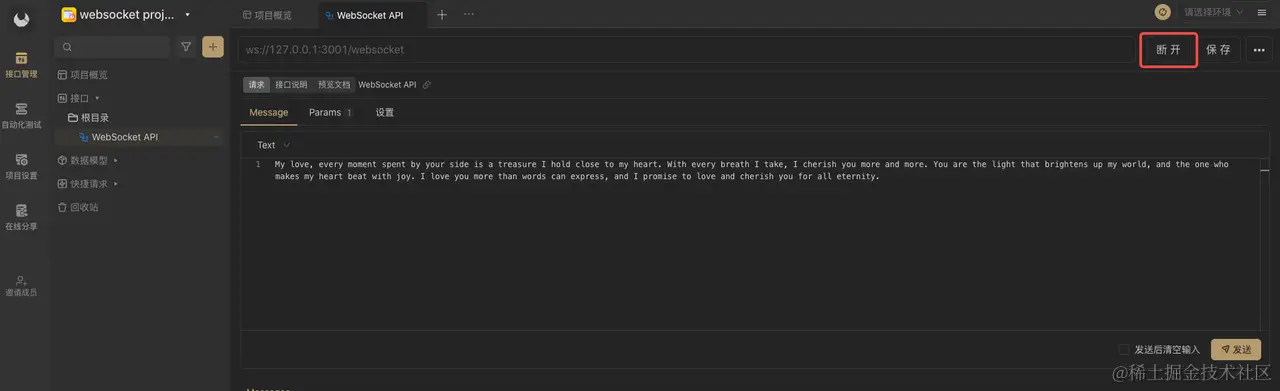 Apifox 中与 WebSocket 断开连接