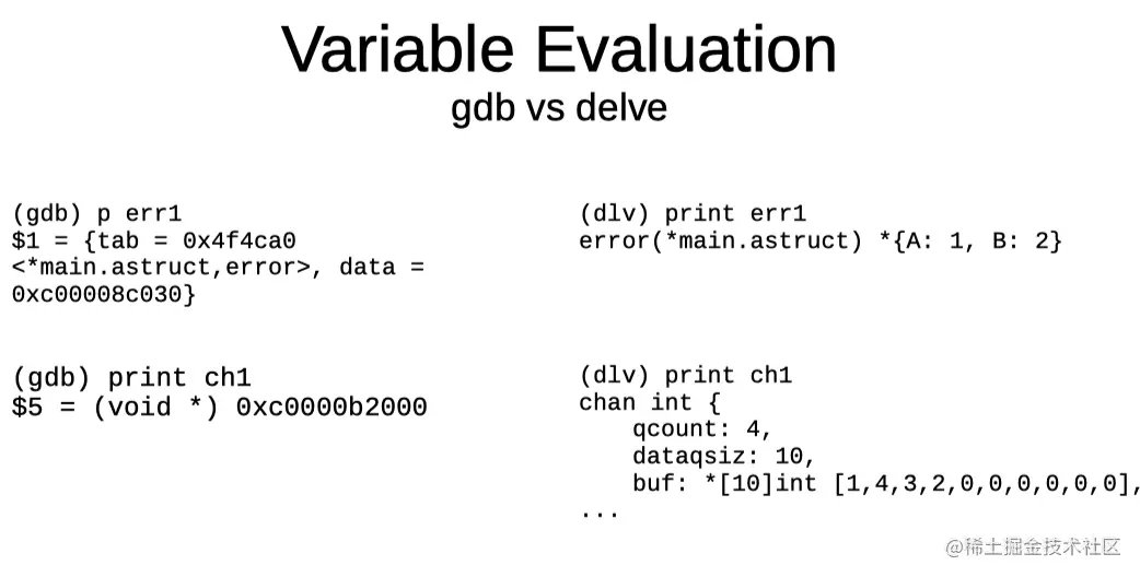 Delve与gdb打印变量信息的对比