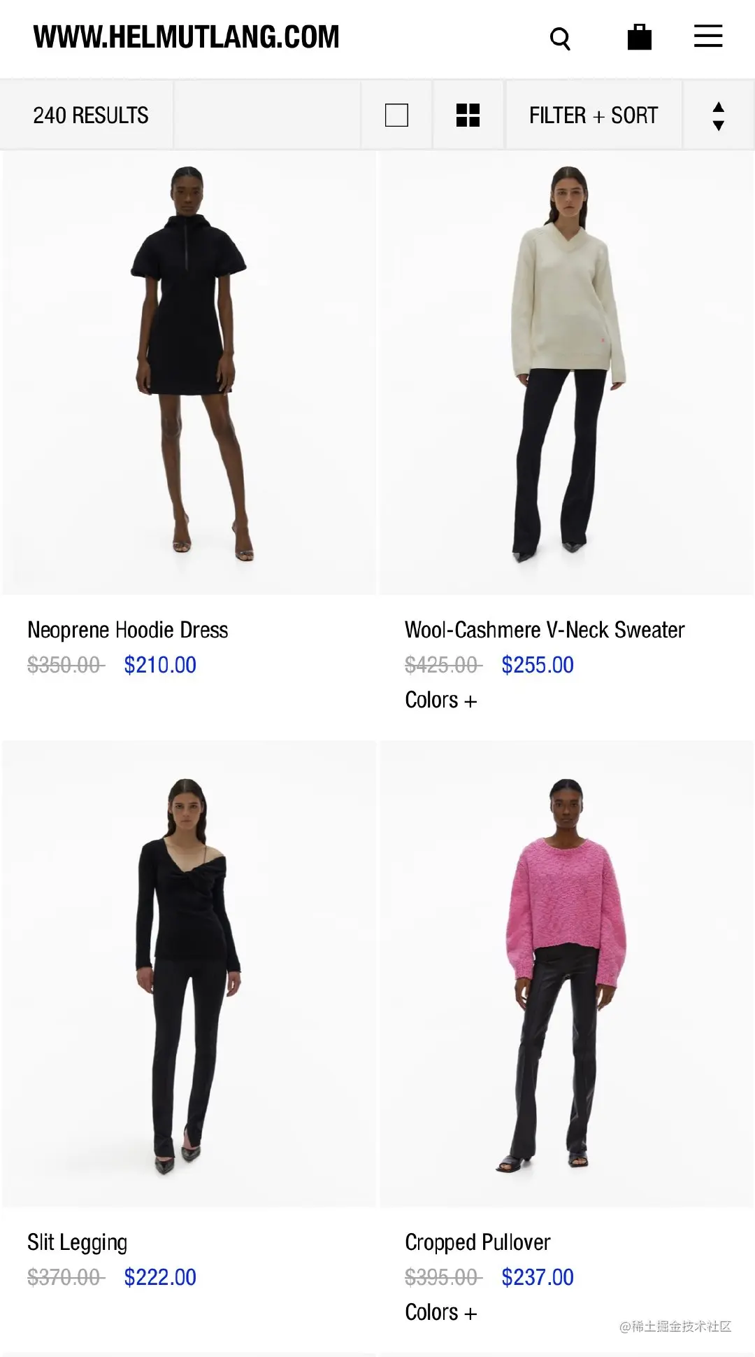 Helmut Lang 的移动列表页面显示了模特的大图片，但全身照片使得评估每件衣服的细节变得具有挑战性。