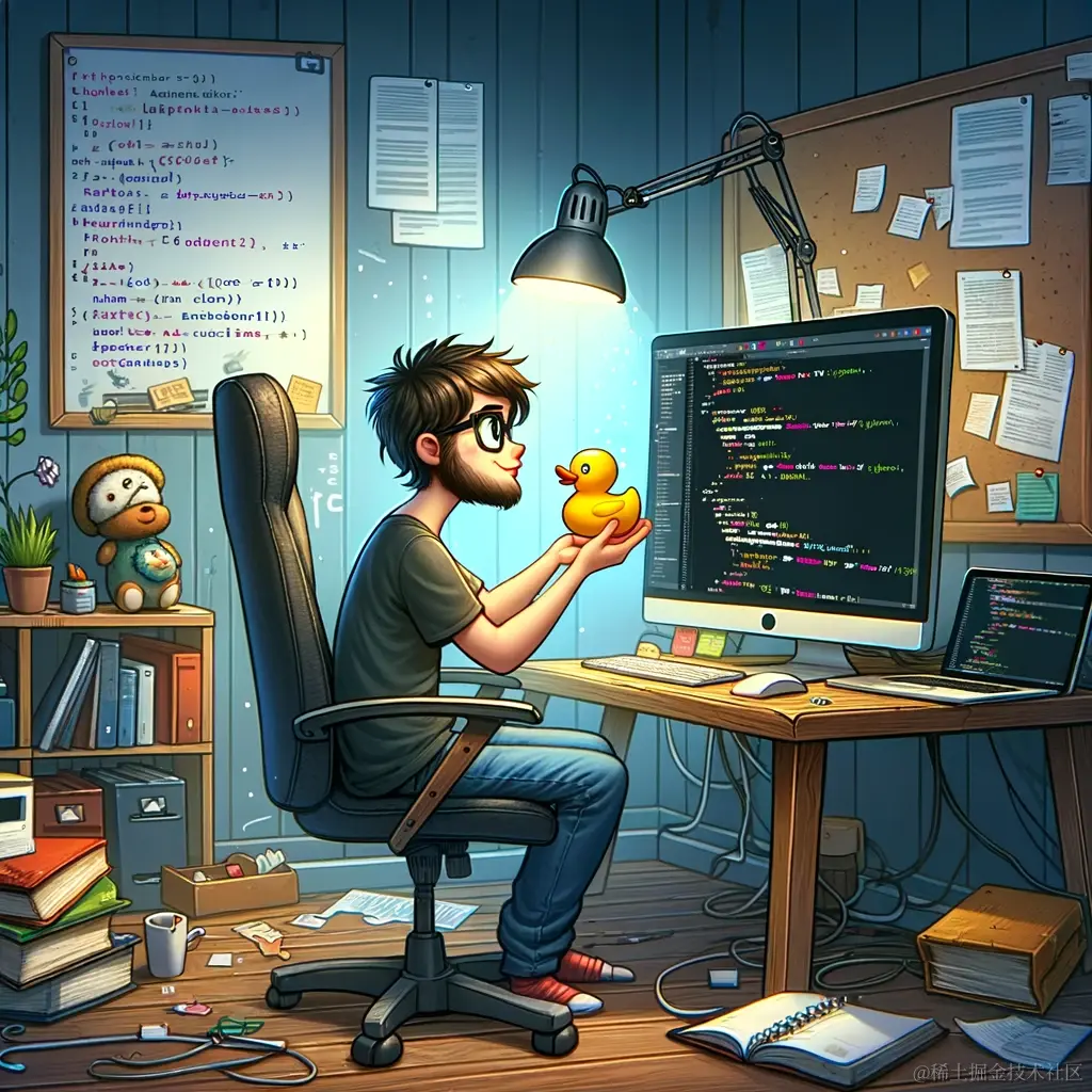 DALL·E 2024-02-02 21.35.31 - A whimsical illustration of a software developer sitting at their desk, surrounded by code on their computer screen. They are holding a small yellow r.webp