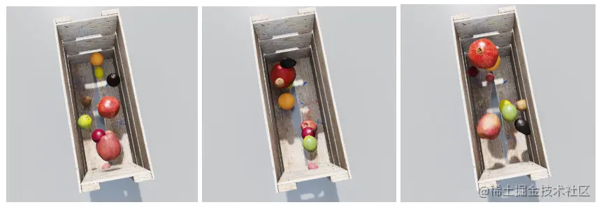 Three images show variations of the fruits placed in the crate, some overlapping and in different orientations. 