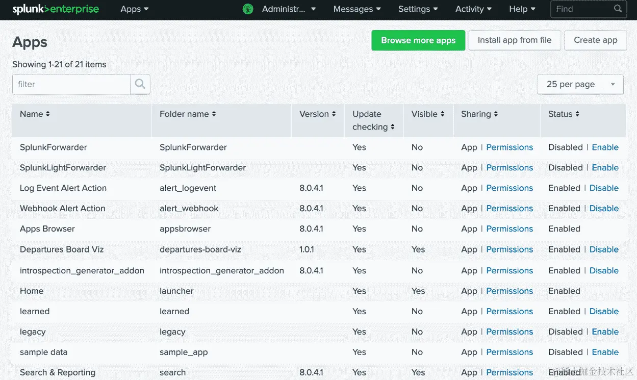 图 14.49：Splunk 环境的应用程序页面
