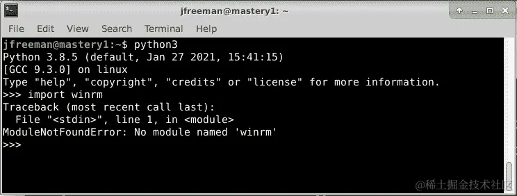图 4.5 - 在 Ubuntu Server 20.04 上测试 winrm Python 模块的存在
