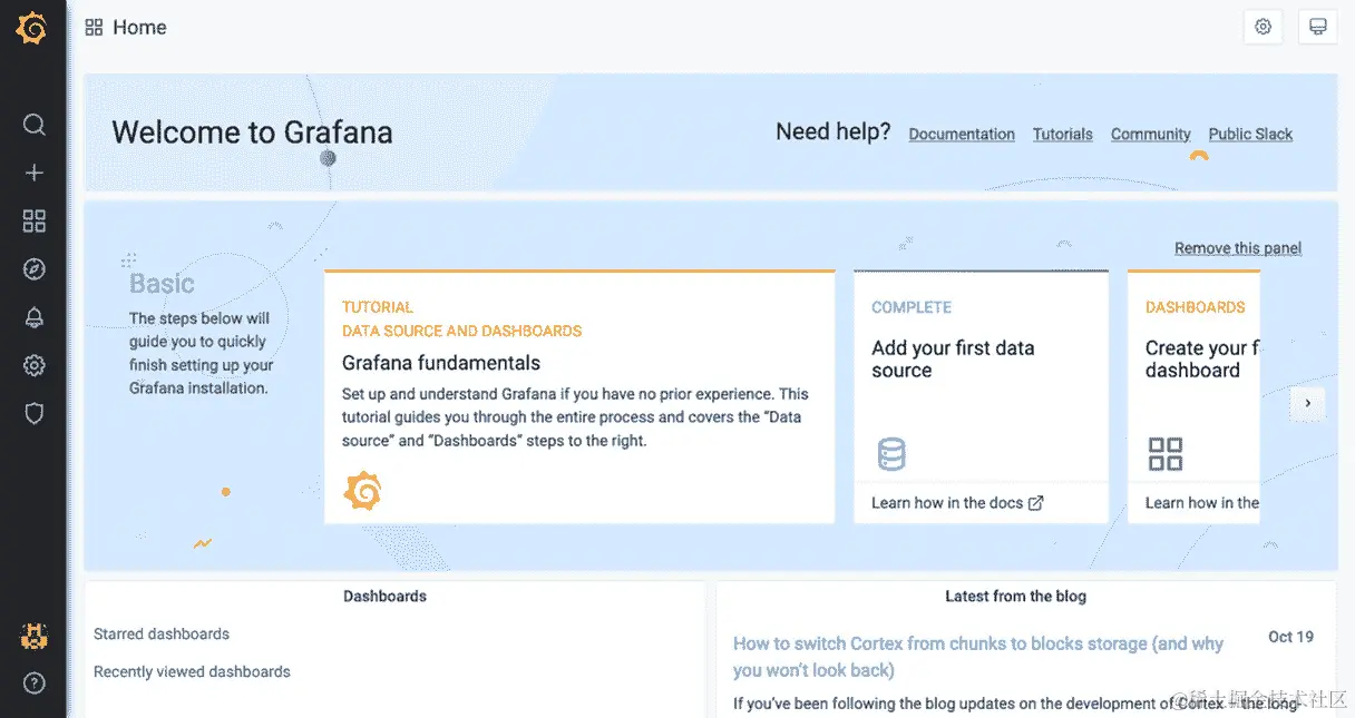 图 13.17：Grafana 欢迎屏幕